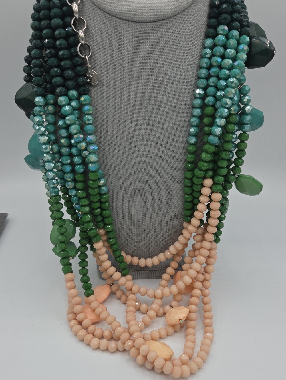 5 for $25! Sassy Jones Multi-Strand Green Peach Beaded Statement Necklace